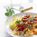 A fresh and delicious tropical mango salad with grilled curry shrimp. Use rice, quinoa, couscous, cauliflower rice or just about any grains!