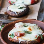 Portobello mushroom caps stuffed with marinara sauce, grape tomatoes, mozzarella and fresh basil.