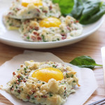 Eggs in clouds make a great, low calorie breakfast with fluffy egg whites baked with crumbled bacon, chives and Parmesan cheese and a nestled egg yolk.