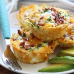 Several hash browns stacked on a white plate with avocado.