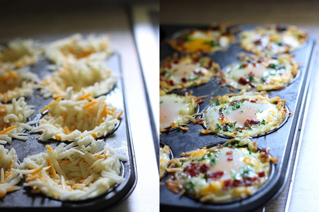 Two images side by side of hash brown egg nests being made in a muffin pan.