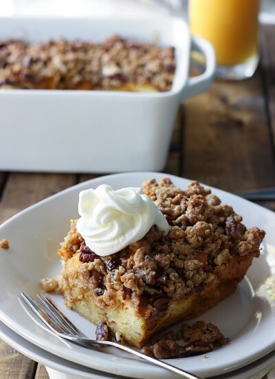 Pumpkin spice french toast casserole is a great fall brunch or dessert loaded with pumpkin and pumpkin pie flavors and a sweet and nutty streusel.