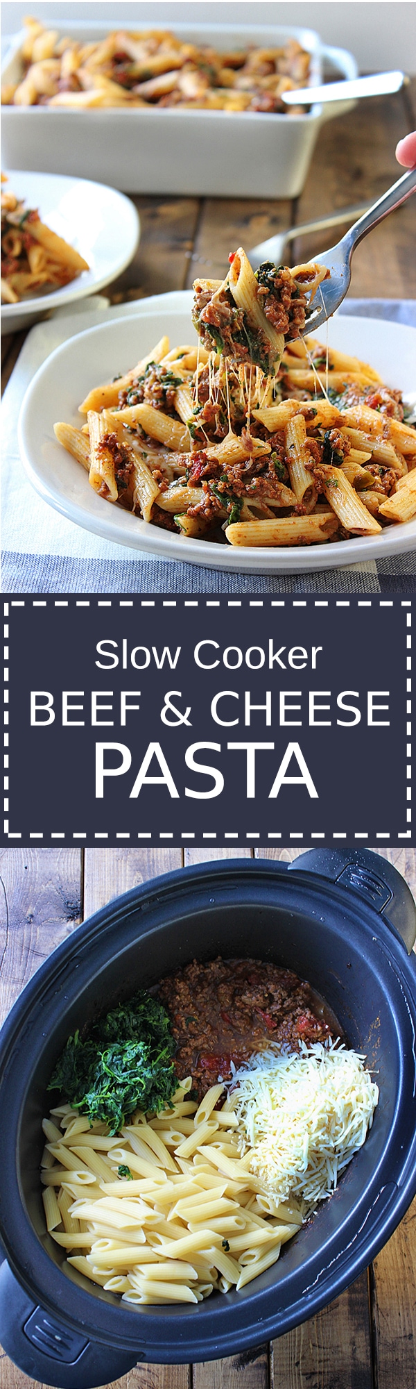 A slow cooker beef and cheese pasta that is cooked long and slow to bring out the best cheesy meat sauce!