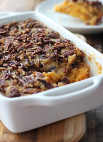 Sweet potato casserole is delicious and comforting, sweet but not too decadent. With a crunchy fudge topping and festive sweet potato and coconut filling.