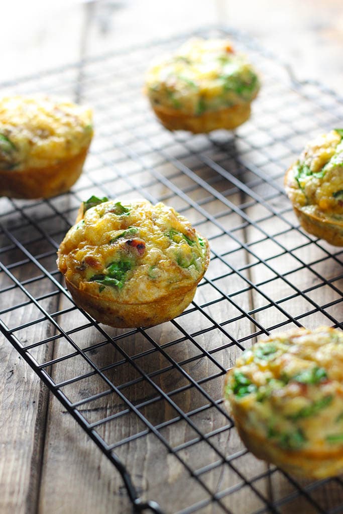 A quick and easy way to get your eggs to go. Loaded with bacon bits, cheddar cheese and spinach!