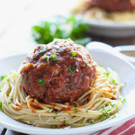 Mozzarella stuffed meatball pasta for two. At half a pound each, one meatball is all you need! Complete with a gooey cheesy center.