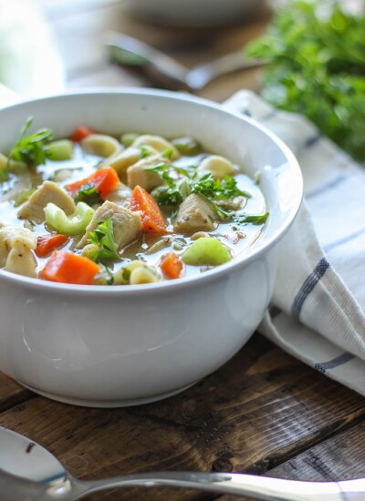 One pot chicken noodle soup is a quick and easy, comforting fix for a case of the sniffles. Ready in 30 minutes!