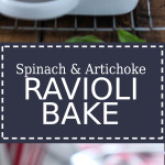 Spinach and artichoke ravioli bake in a white plate.