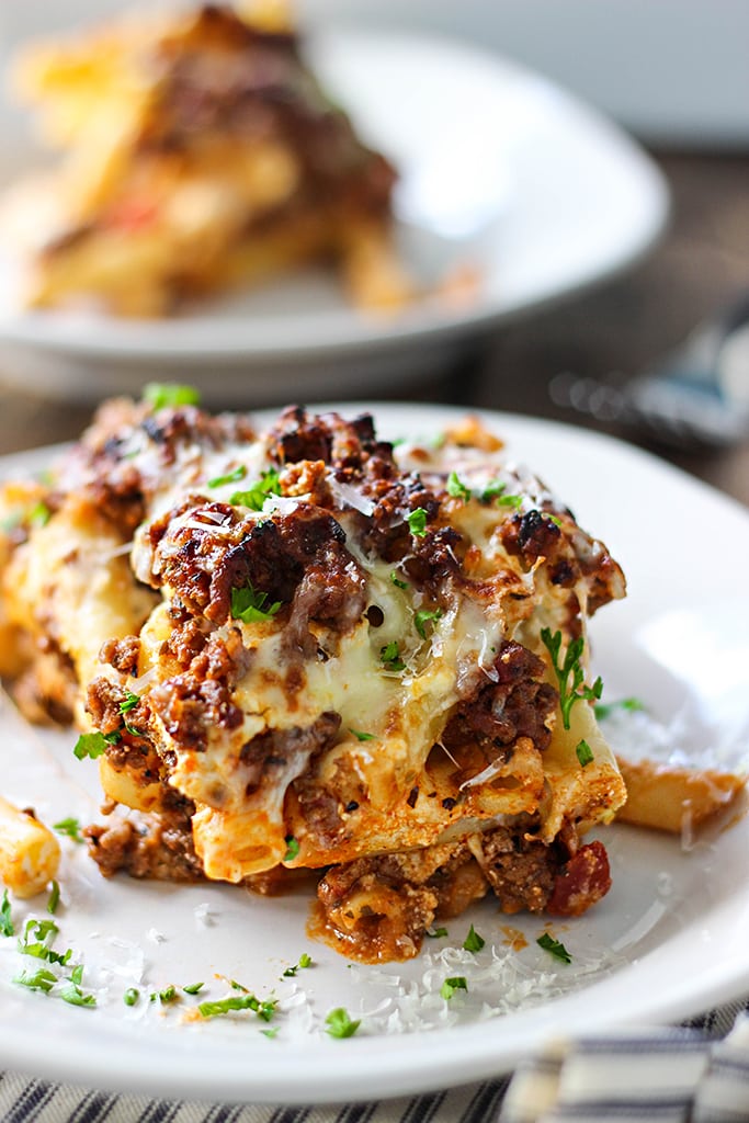 Baked ziti on a white plate.