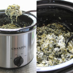 Side by side preparation shots of spinach and artichoke ravioli dip in a slow cooker.