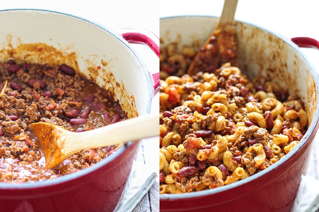 Breakdown pictures of chili mac and cheese in a Dutch oven.