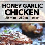 Close up shots of honey garlic chicken skillet on a cast iron pan.