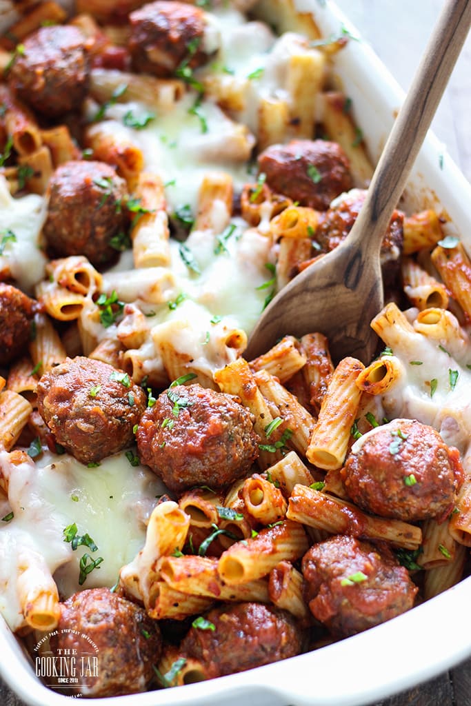 Here's comfort in a bowl. This meatball pasta bake can be a 5 ingredient recipe with store-bought items or with homemade Parmesan meatballs and marinara sauce.