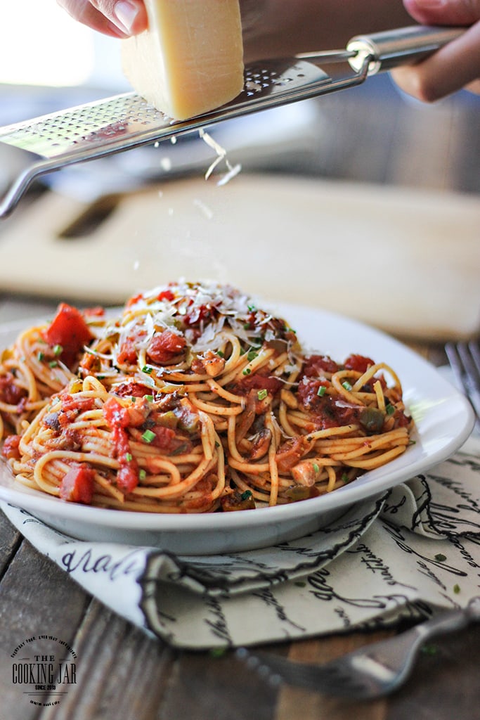 Spaghettis sur une assiette blanche avec du parmesan râpé dessus.