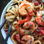 A bowl of spicy shrimp pasta Diavolo.