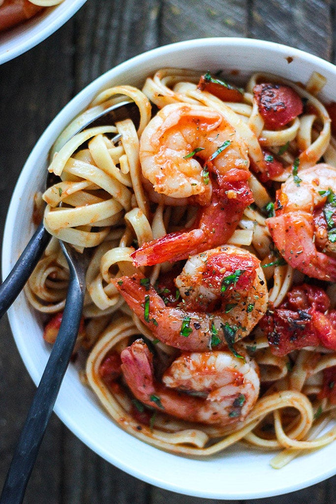 A bowl of spicy shrimp pasta Diavolo.