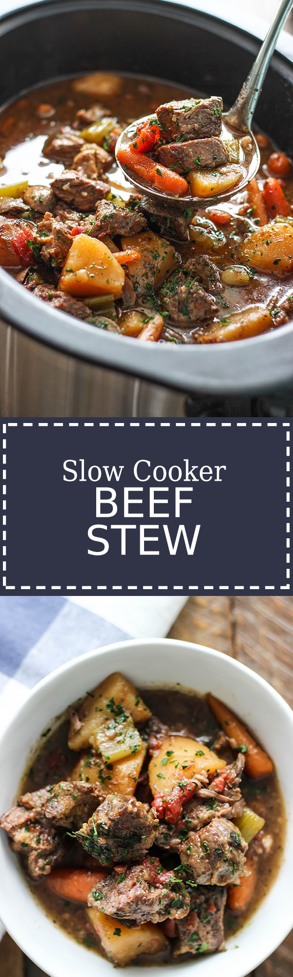 A hearty slow cooker beef stew with fall-apart, tender chuck roast, potatoes and carrots. A comforting, warm meal perfect for the cold weather.