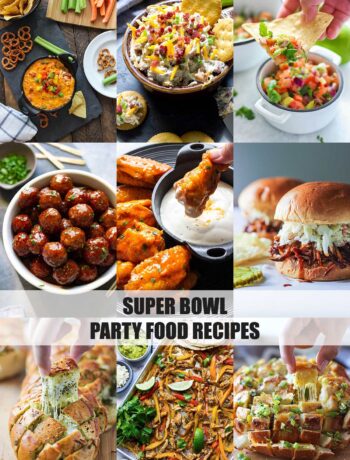 Nine food images of super bowl snack food recipes with dips, wings, breads and apps.
