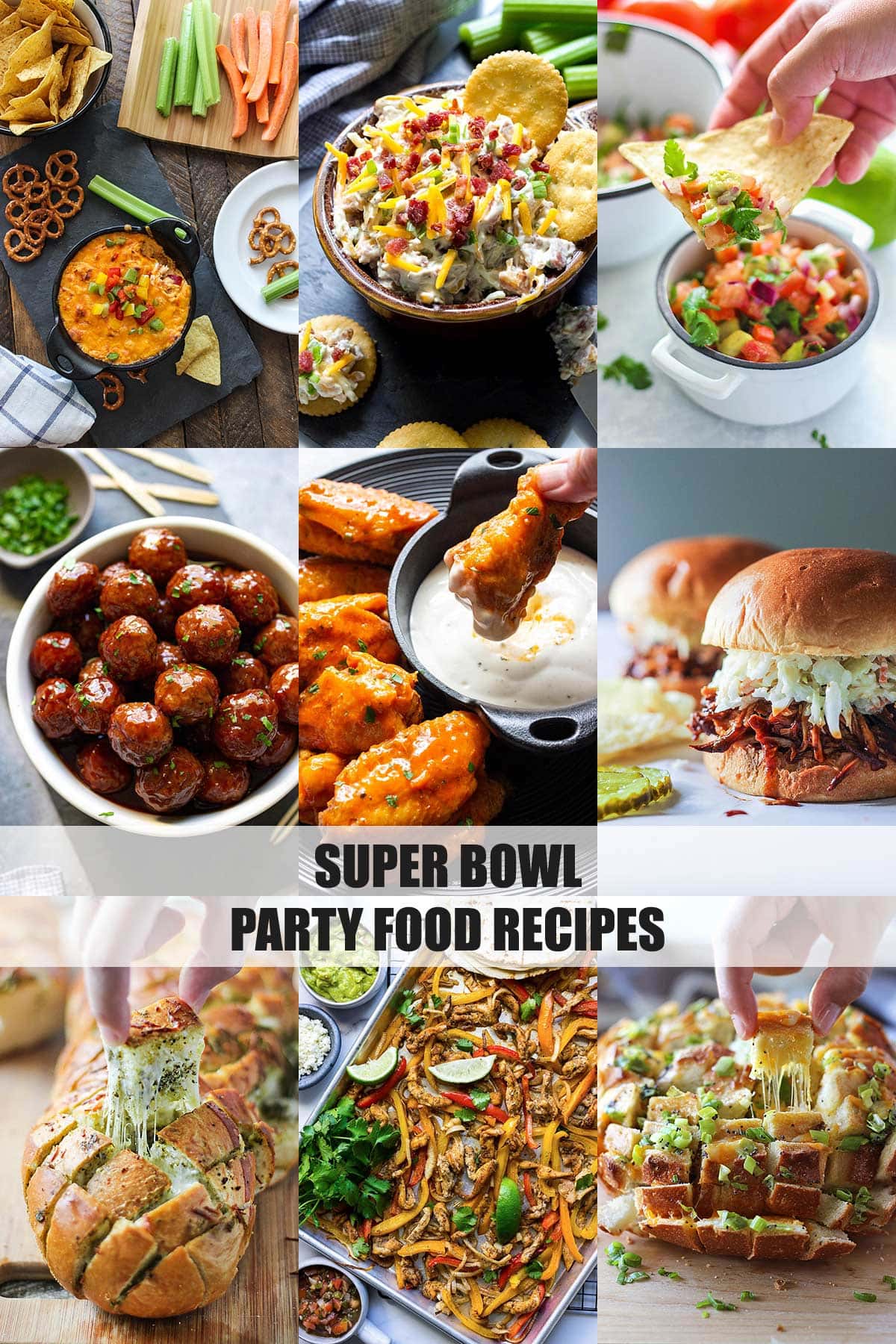Nine food images of super bowl food recipes with dips, wings, breads and apps.