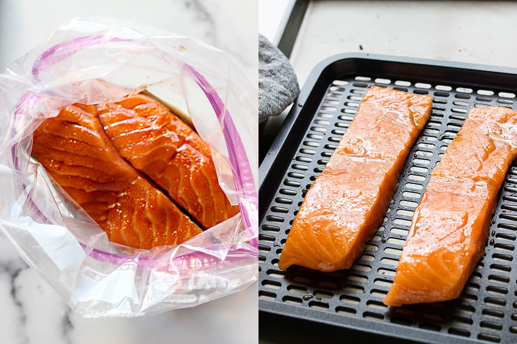 Preparation pictures of marinated salmon and salmon on an air fryer rack.