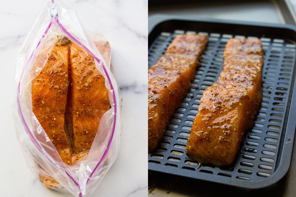 Preparation pictures of air fryer honey mustard salmon in a ziploc bag and on an air fryer tray.