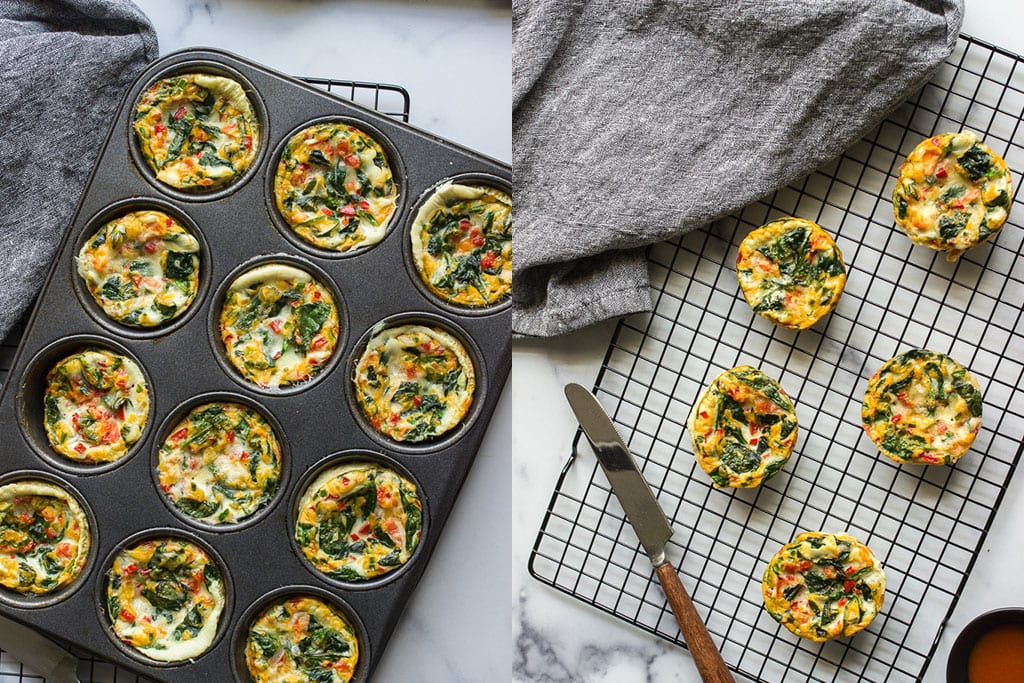 Shot of egg white muffins in a muffin tin and on a cooling rack.