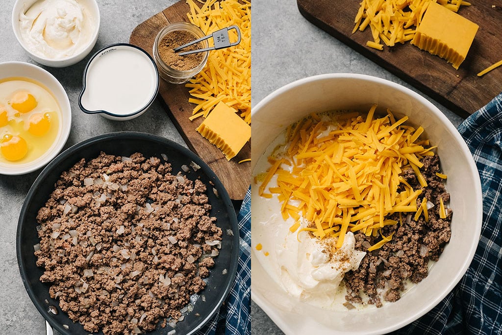 Two images side by side of ground beef cooked in a skillet and mixing together the ingredients of an easy hamburger quiche.