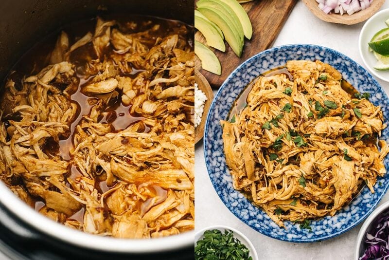 Two side by side shots of chipotle chicken tacos made in an instant pot and shredded in a blue bowl with taco fixings.