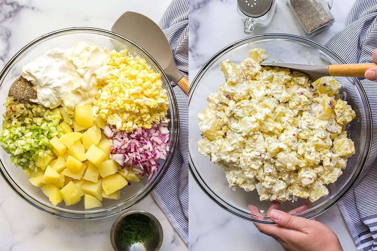 A before and after picture of a potato salad ingredients.