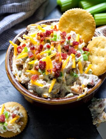 Million dollar dip in a brown bowl with some crackers and topped with shredded cheddar cheese, bacon bits and green onions.
