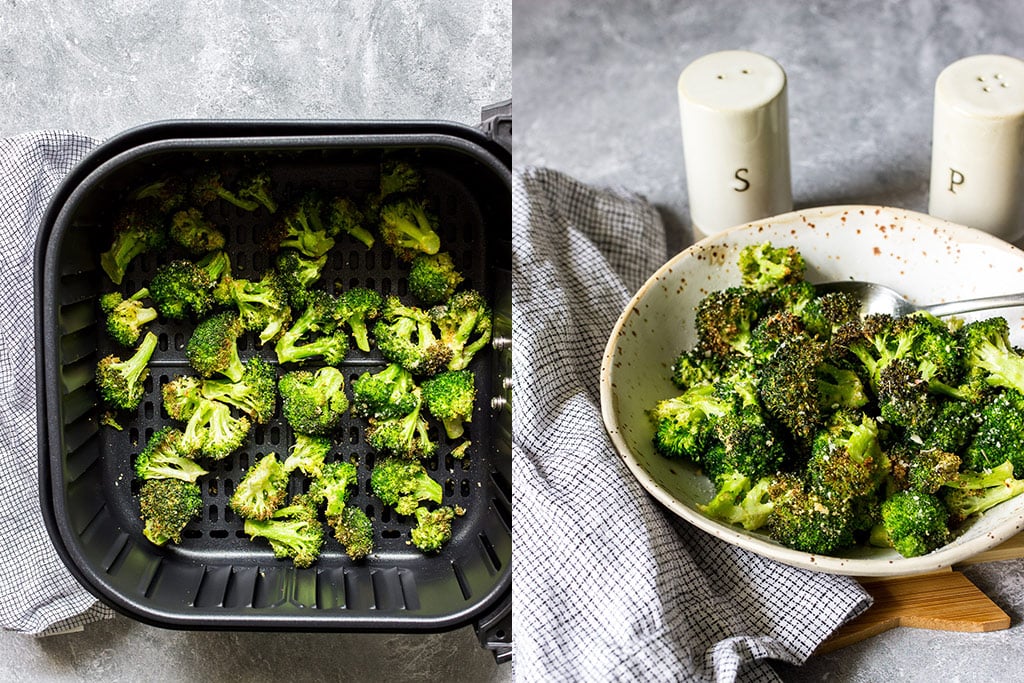 Two images of broccoli in an air fryer basket and a bowl of crispy air fryer garlic Parmesan broccoli.