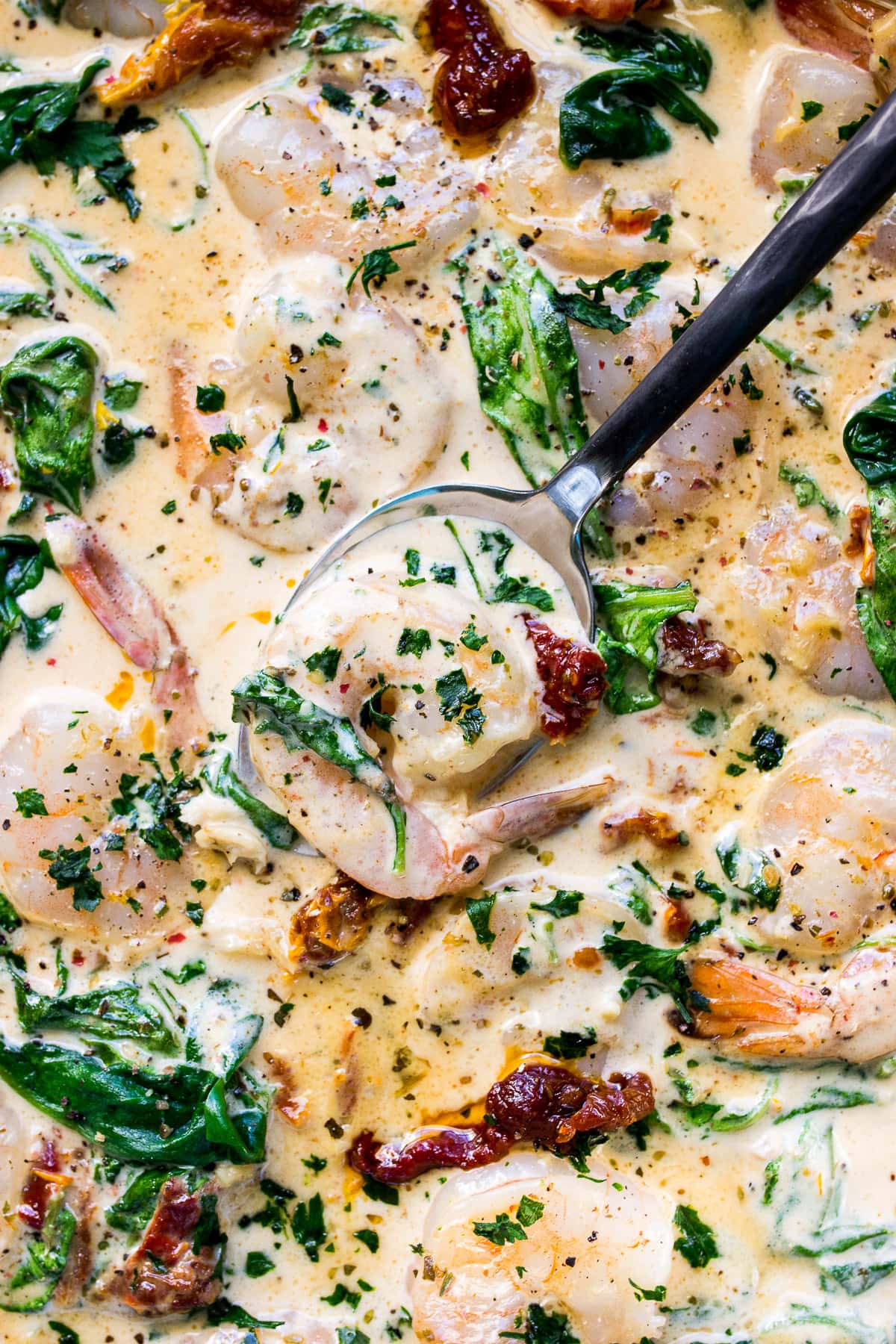 A close up photo of shrimp topped with parsley, spinach and sun-dried tomatoes nestled on a spoon in a creamy sauce.