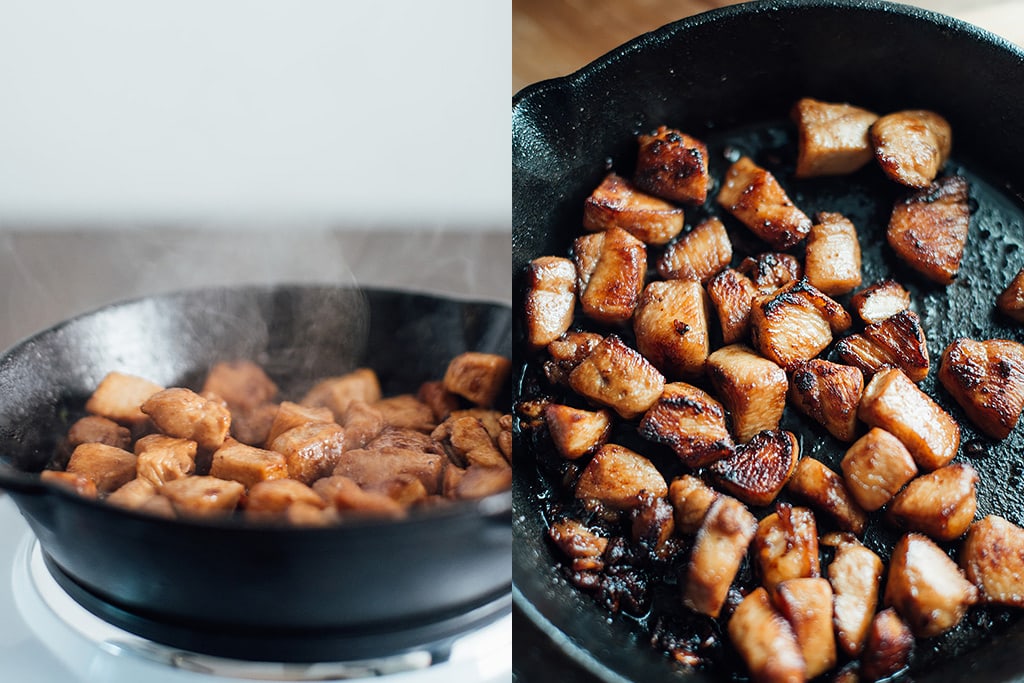 Two side by side pictures of hibachi chicken cooked on a cast iron pan.