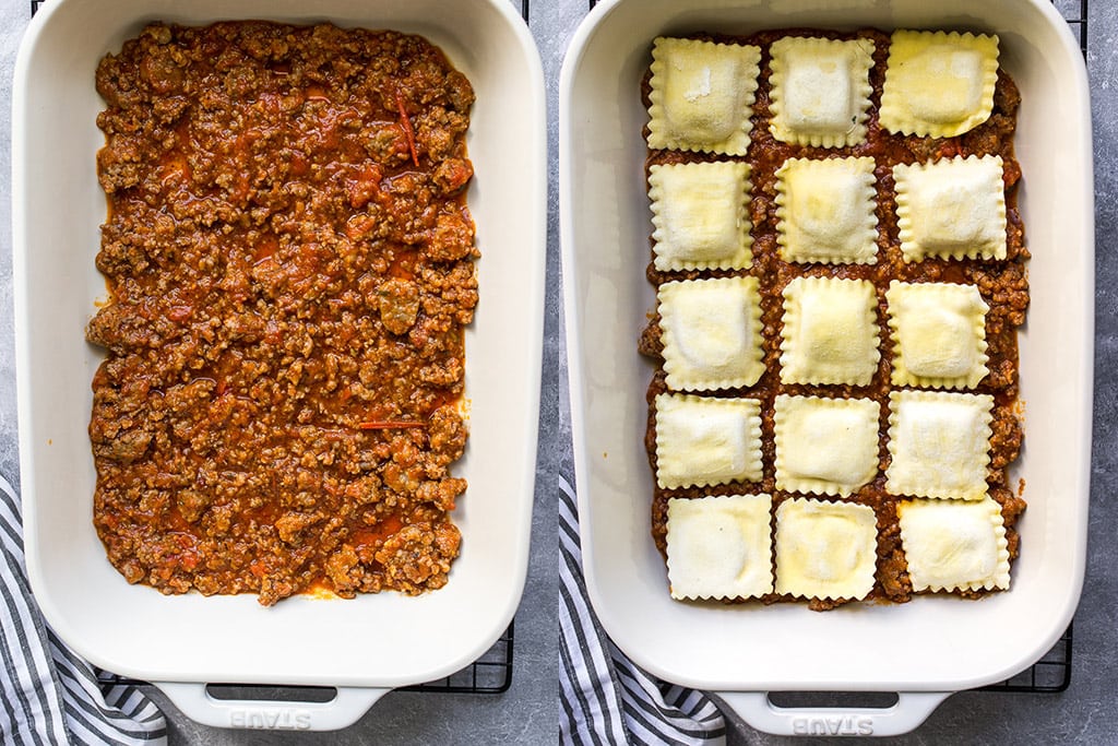 Two side by side images of a meat sauce layer and a ravioli layer for ravioli lasagna.