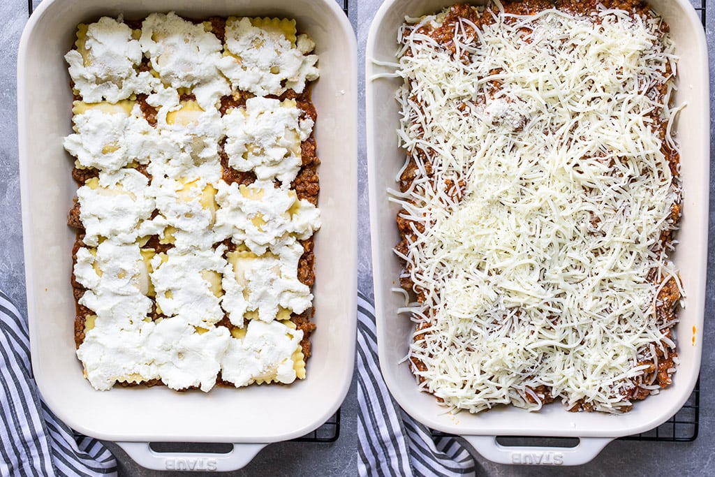 Two side by side images of a ricotta cheese layer and a mozzarella cheese layer for ravioli lasagna.