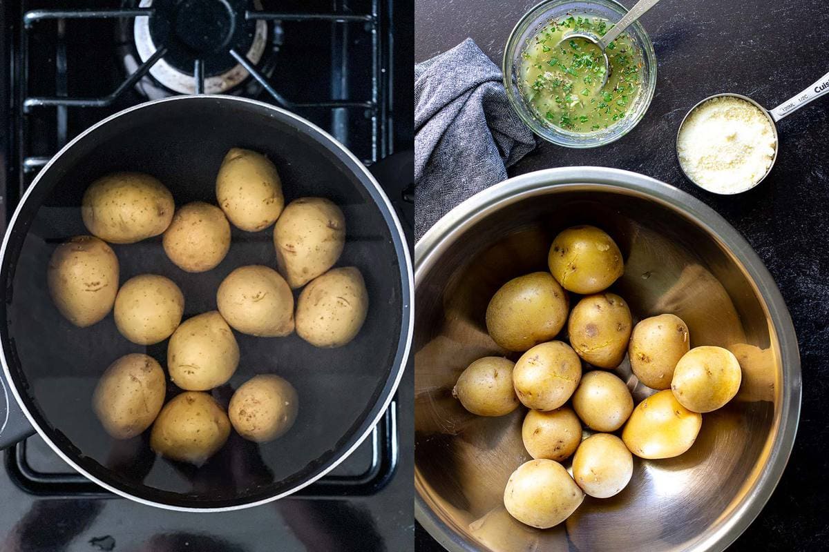 Two side by side photos of potatoes boiling over a stovetop and a preparation shot of potatoes with melted garlic butter and Parmesan cheese.