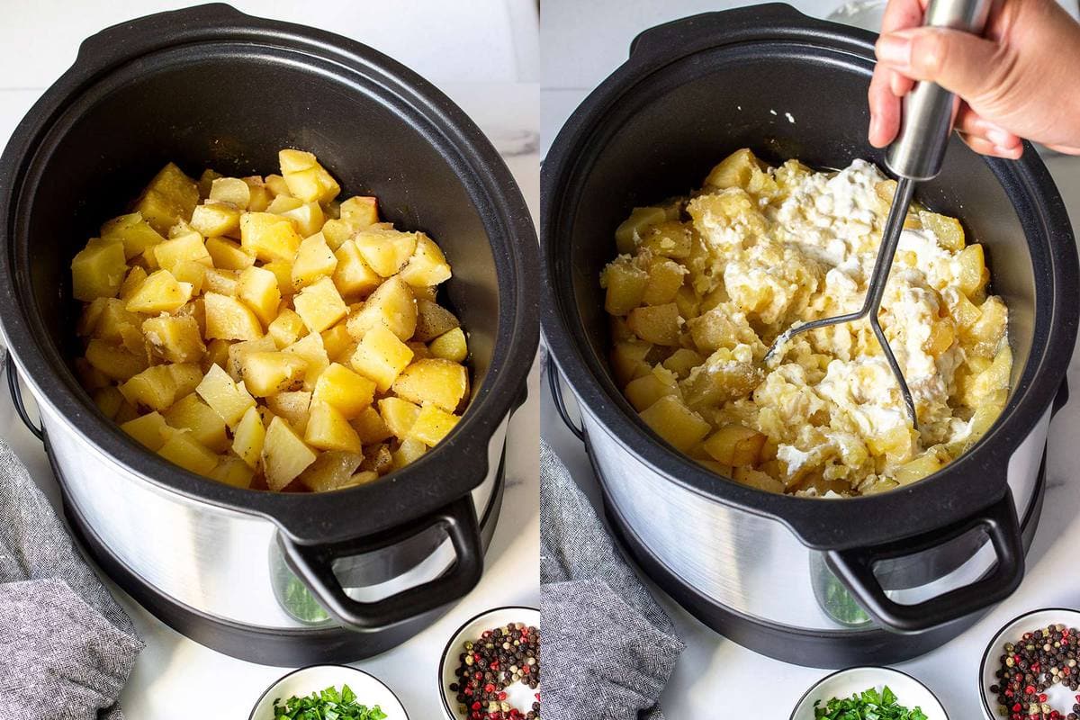 Two side by side preparation photos of slow cooker mashed potatoes,