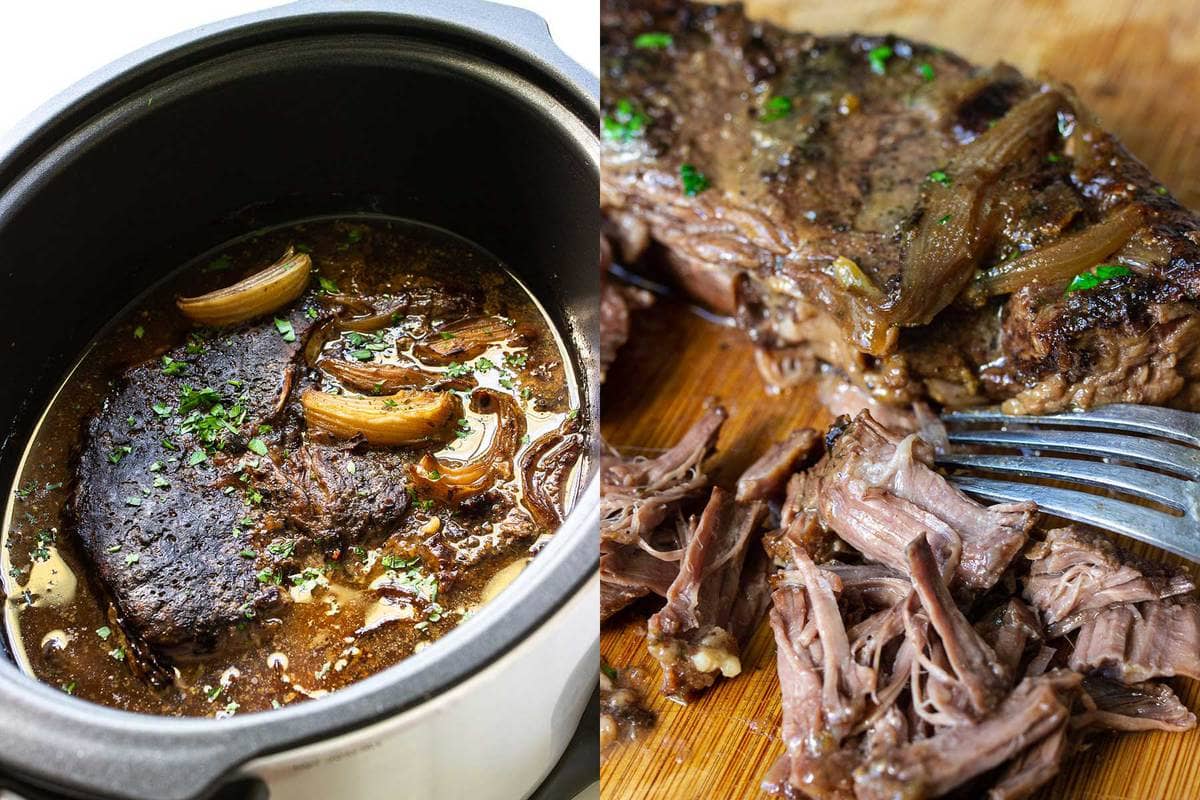 Two side by side photos of three packet roast in a slow cooker and a cutting board of shredded meat.