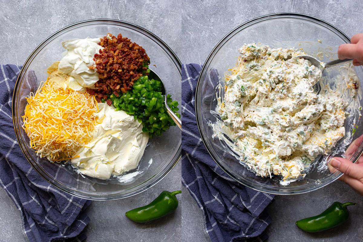 Two side by side prep pictures of jalapeno popper dip in a glass mixing bowl.