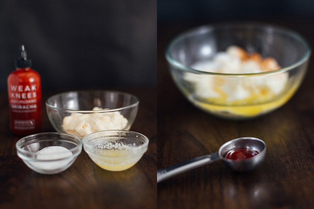 Side by side pictures of Yum Yum sauce being prepped in glass mixing bowls surrounded by ingredients.