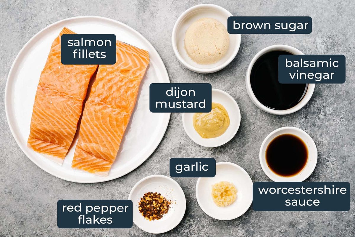 Ingredients to make balsamic glazed salmon in prep bowls.
