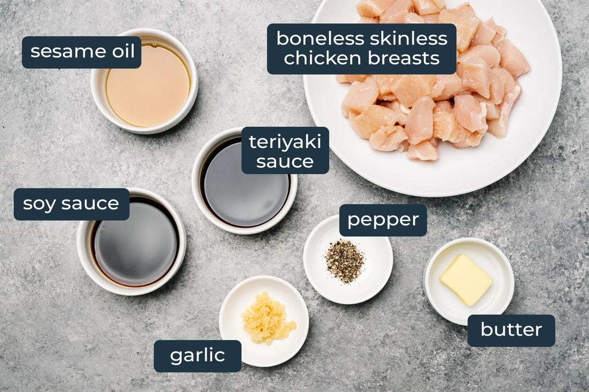 Ingredients to make hibachi chicken in prep bowls.