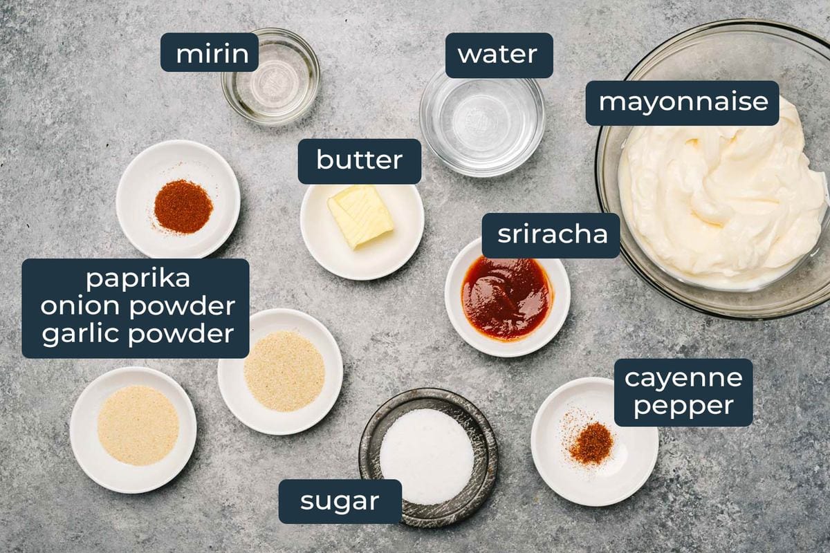 Ingredients to make yum yum sauce in prep bowls.