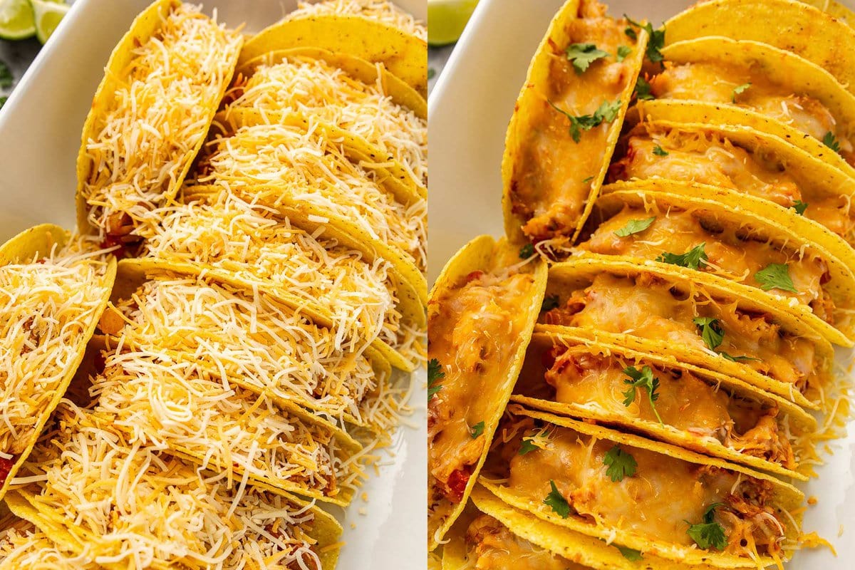 A side by side prep shot of cheesy baked chicken tacos before and after baking.