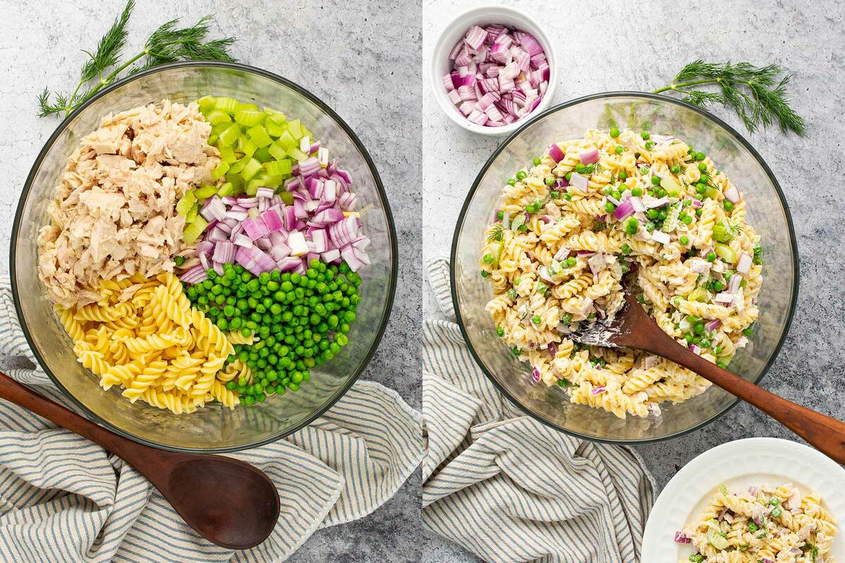 Two side by side shots of tuna pasta salad preparation photos in a large glass mixing bowl.