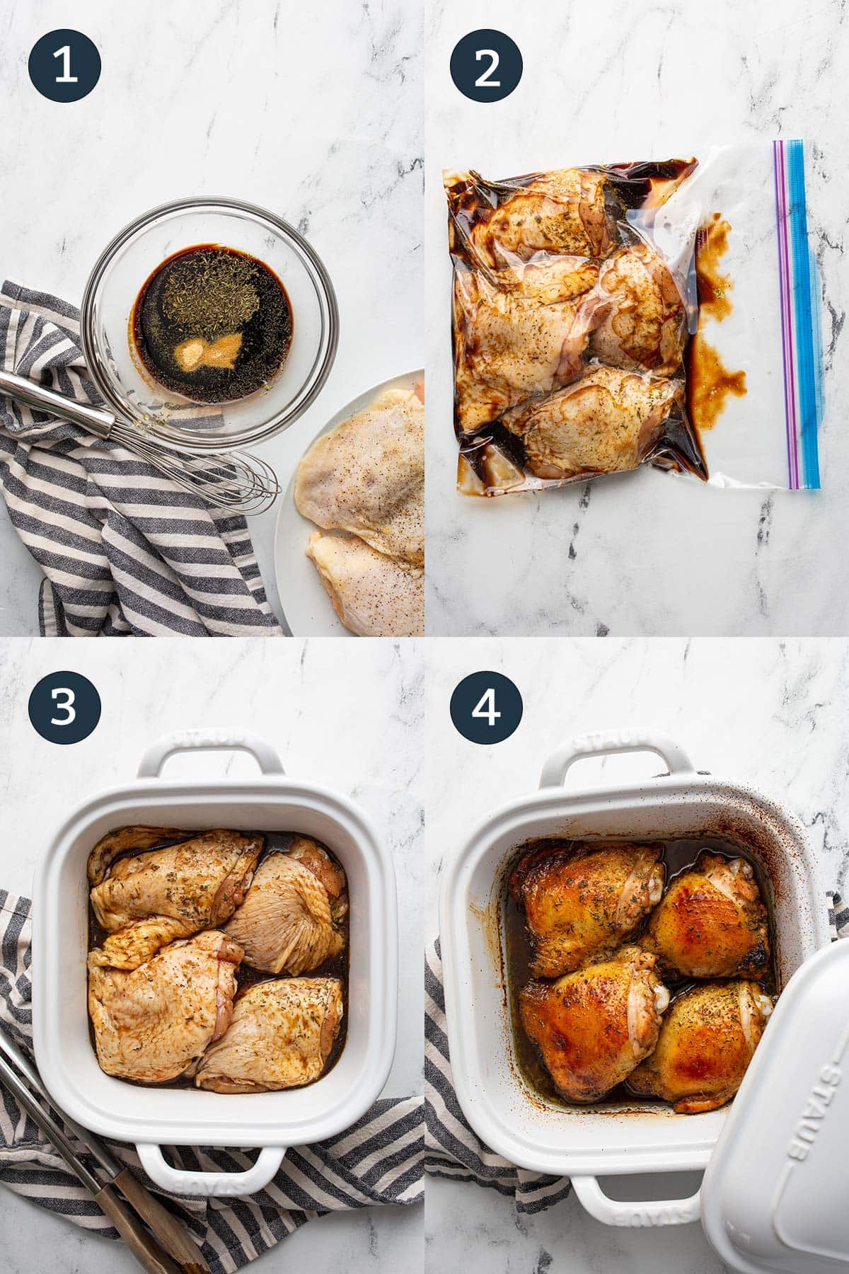 Four side by side preparation photos of making baked honey balsamic chicken.
