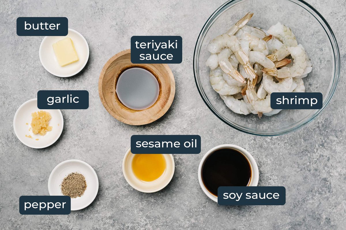 Ingredients to make hibachi shrimp in prep bowls.