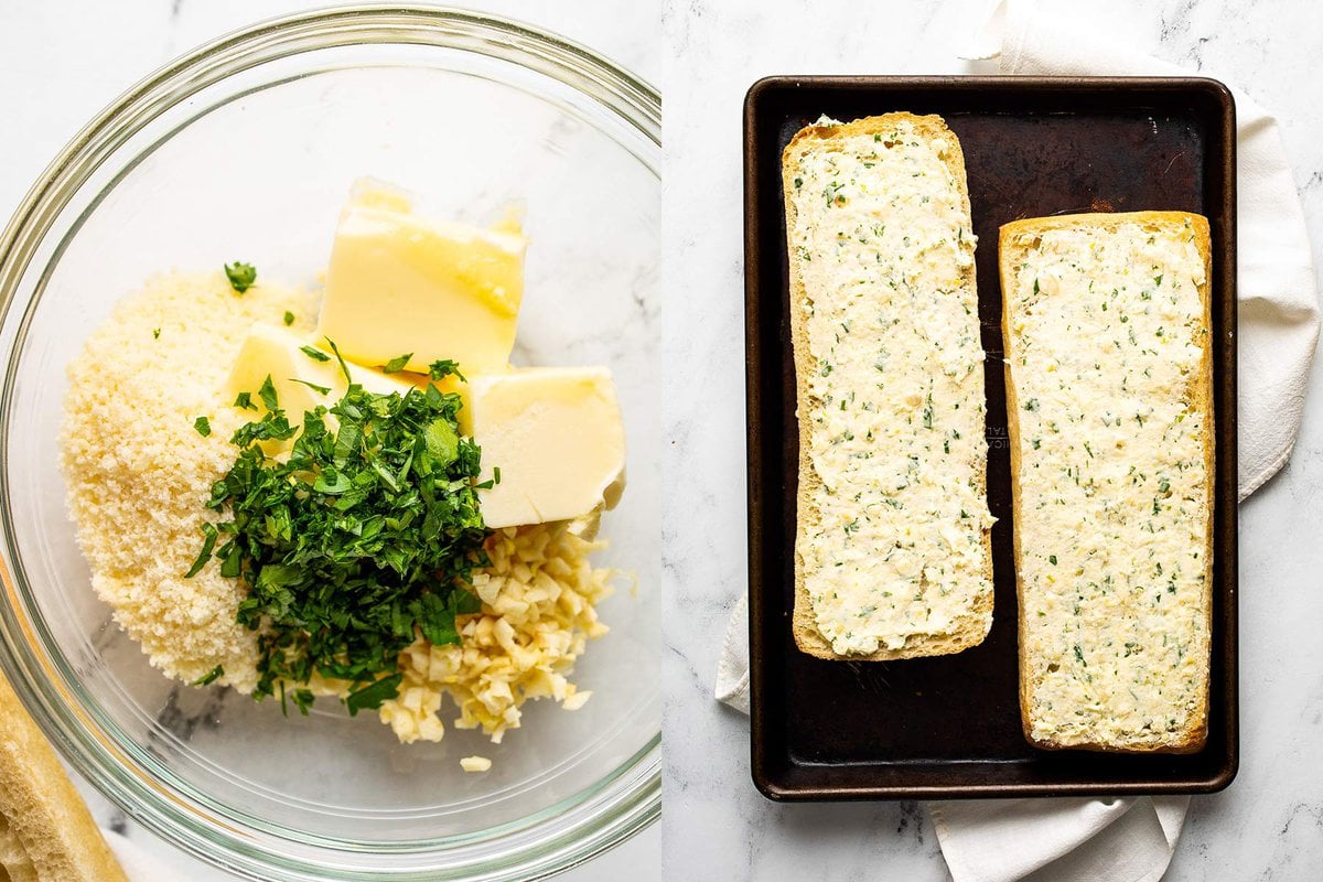Side by side preparation shots of garlic butter in a mixing bowl and unbaked homemade garlic bread on a baking sheet.