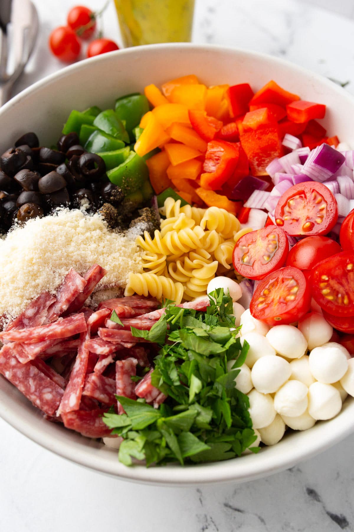 A large white mixing bowl full of ingredients for Italian pasta salad neatly arranged in colorful sections.
