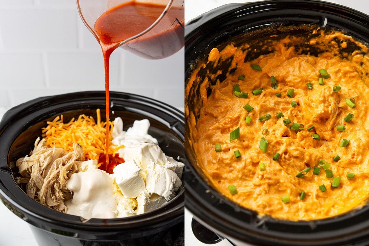 Side by side photos of slow cooker buffalo chicken dip before and after cooking.